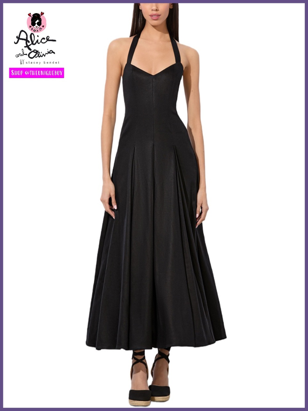 Alice + Olivia Isabelle Black Structured Pleated Flared Midi Dress